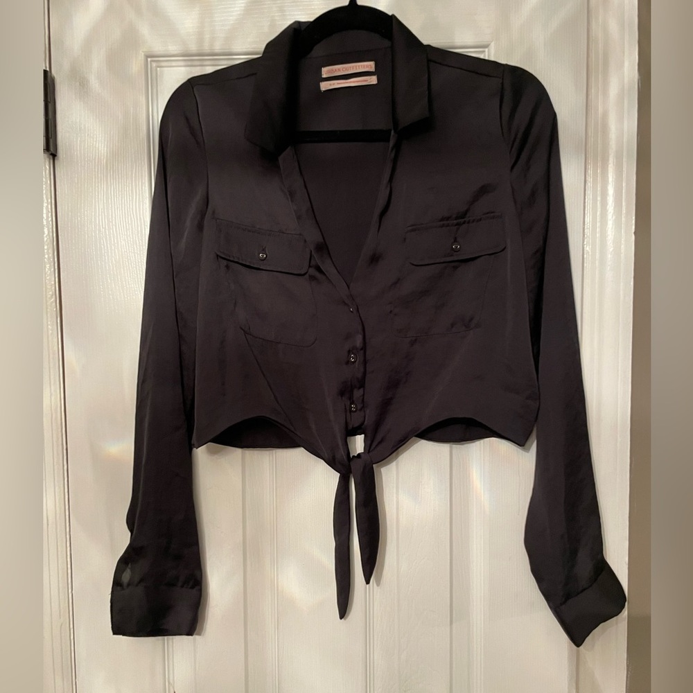 Urban Outfitters Cropped Satin Tie Front Button Down Shirt